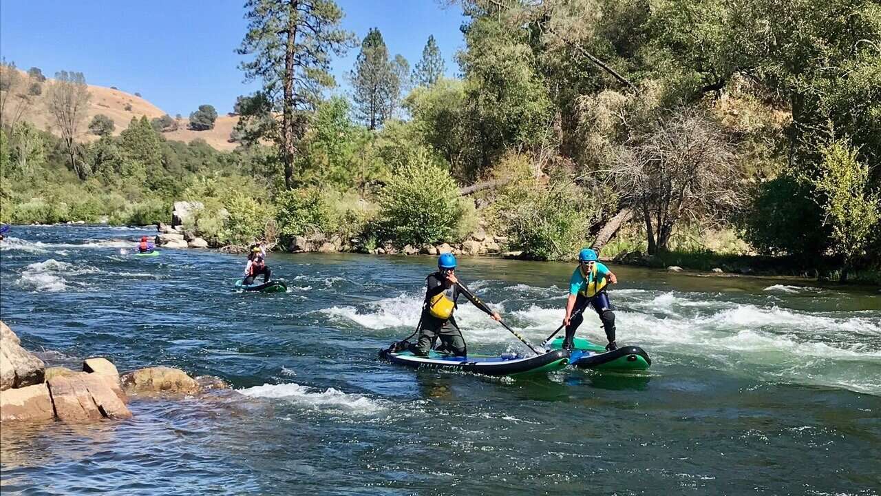 a group of people SUPing through class II whitewater