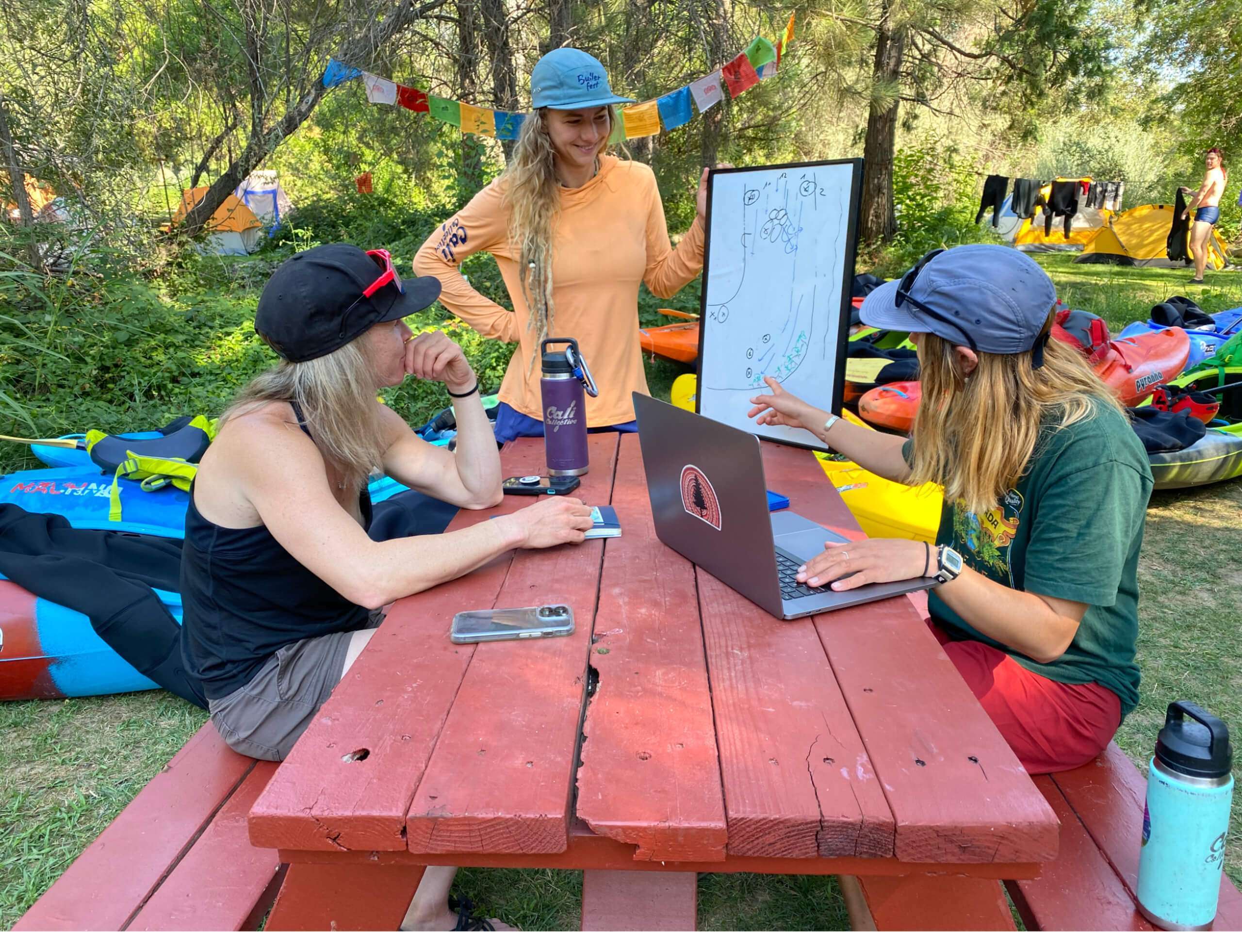 a group of people sitting at a picnic table